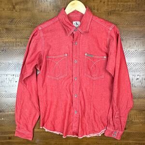Calvin Klein Vintage Men's Button Down Casual Shirt Red Long Sleeves Size L